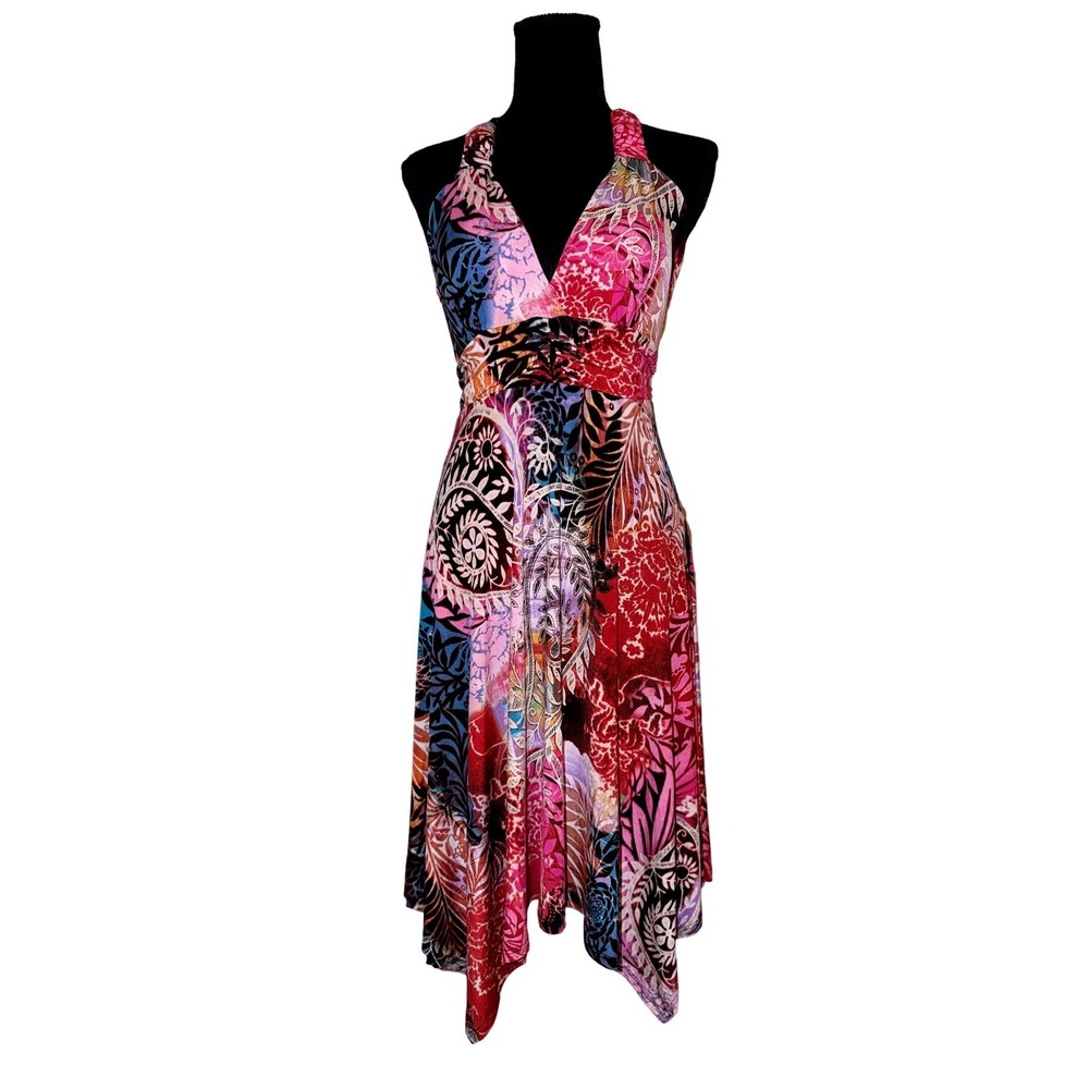 Nani Kai Size Small Y2K Boho Multi-Color Abstract Floral Print Halter Midi Dress